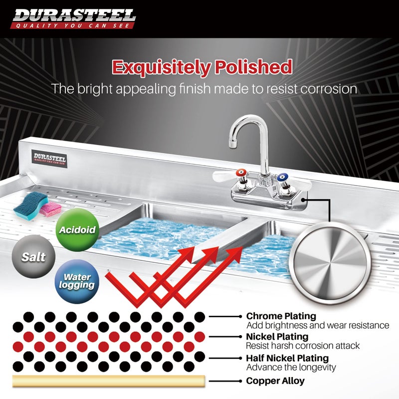 DuraSteel Commercial Hand Sink Faucet - Wall Mount Sink Faucet 4 Inch Center for Kitchen Small Sinks - 3-1/2 Gooseneck Spout Lever Handle - 2 Hole Wet Bar Faucets Laundry Tub Restaurant Utility Room - Image 3